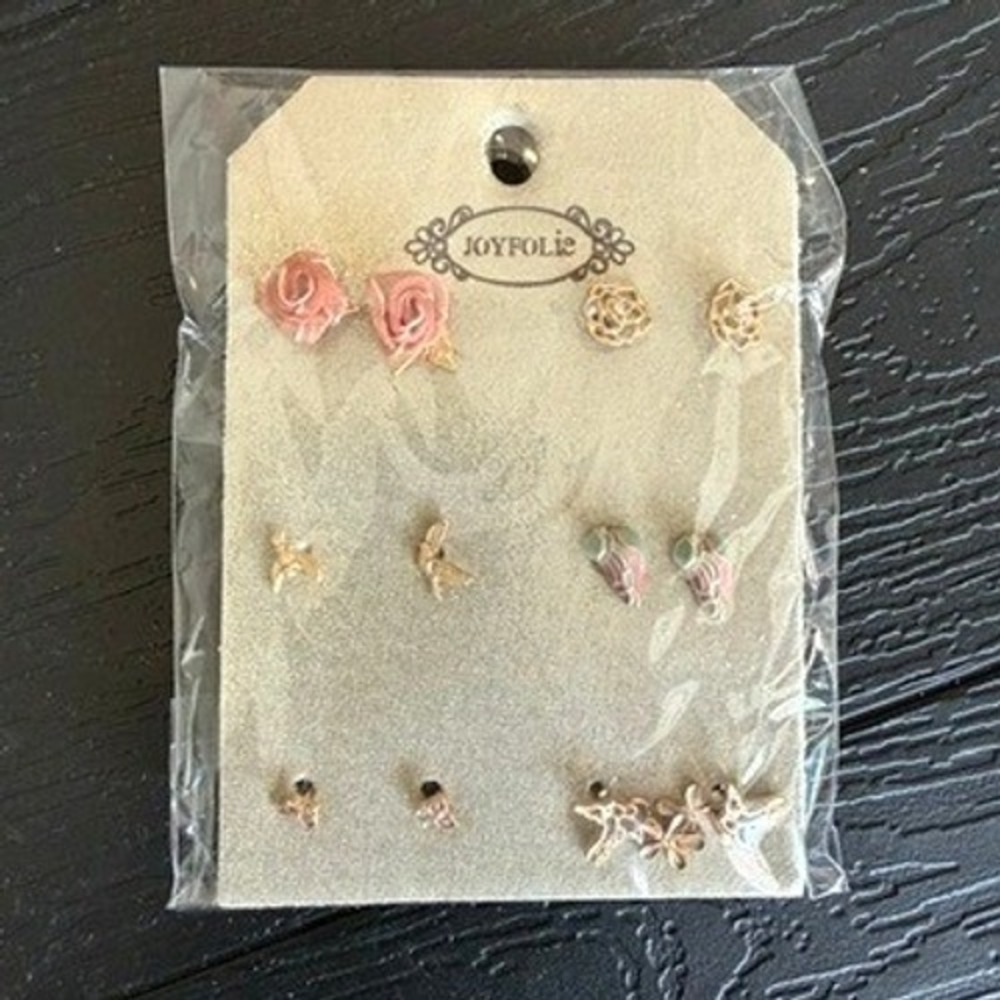 Joyfolie Take Flight Stud Earring Set Sand Gold 6 Pairs Floral Bird Rose NEW
